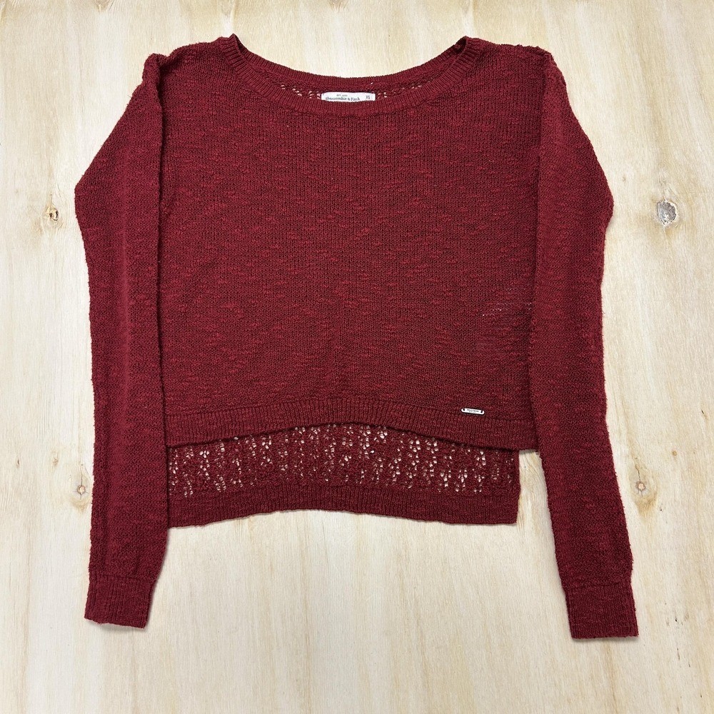 Abercrombie & Fitch Sweater Womens XS Red Crew Neck Open Knit Layered Hem